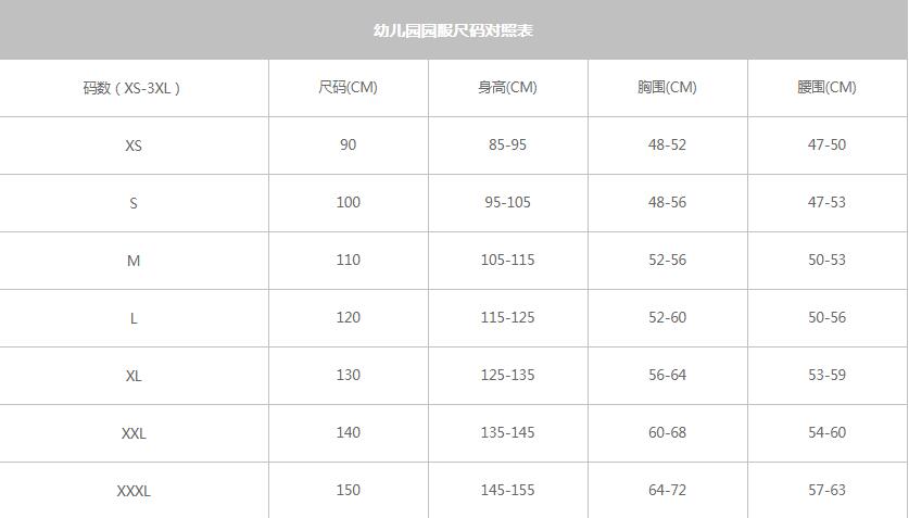 幼兒園園服尺碼對(duì)照表